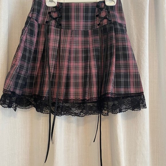 SHEIN Dresses & Skirts - Pink/Black Plaid Skirt with lace and ribbon detail